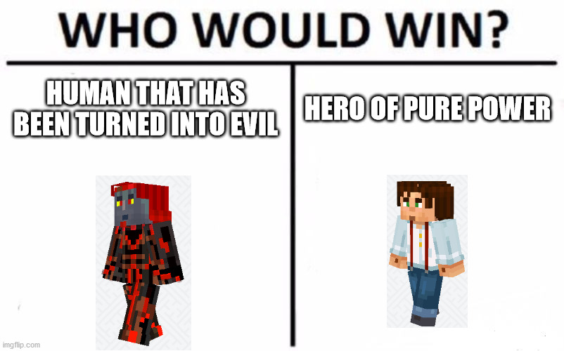 Who Would Win? Meme | HUMAN THAT HAS BEEN TURNED INTO EVIL; HERO OF PURE POWER | image tagged in memes,who would win | made w/ Imgflip meme maker
