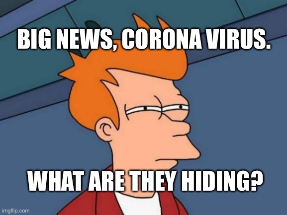 What else is happening | BIG NEWS, CORONA VIRUS. WHAT ARE THEY HIDING? | image tagged in memes,futurama fry | made w/ Imgflip meme maker