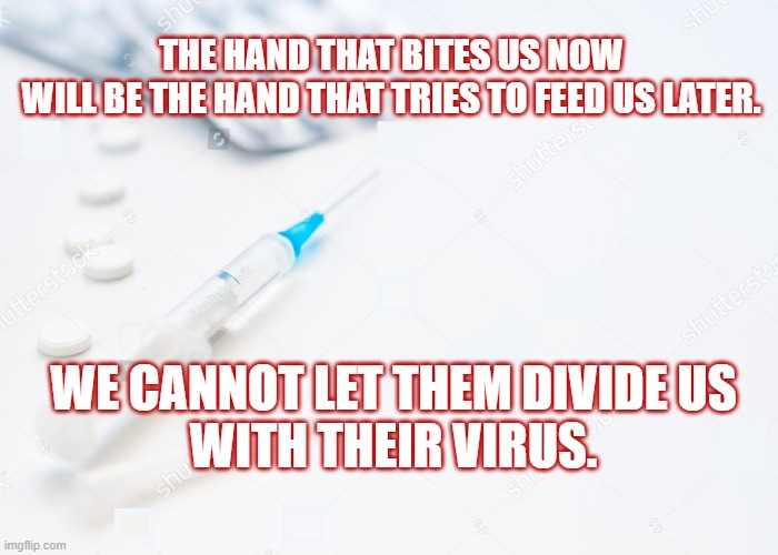 Awaken | THE HAND THAT BITES US NOW
WILL BE THE HAND THAT TRIES TO FEED US LATER. WE CANNOT LET THEM DIVIDE US
WITH THEIR VIRUS. | image tagged in free speech | made w/ Imgflip meme maker