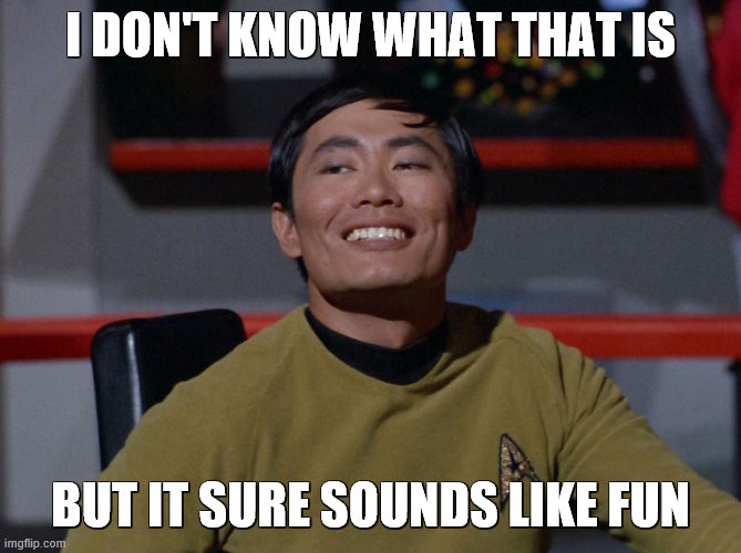 Sulu smug | I DON'T KNOW WHAT THAT IS BUT IT SURE SOUNDS LIKE FUN | image tagged in sulu smug | made w/ Imgflip meme maker