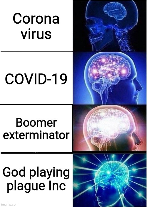 Expanding Brain | Corona virus; COVID-19; Boomer exterminator; God playing plague Inc | image tagged in memes,expanding brain | made w/ Imgflip meme maker