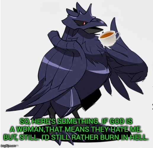 The_Tea_Drinking_Corviknight | SO, HERE'S SOMETHING. IF GOD IS A WOMAN,THAT MEANS THEY HATE ME. BUT, STILL. I'D STILL RATHER BURN IN HELL. | image tagged in the_tea_drinking_corviknight | made w/ Imgflip meme maker