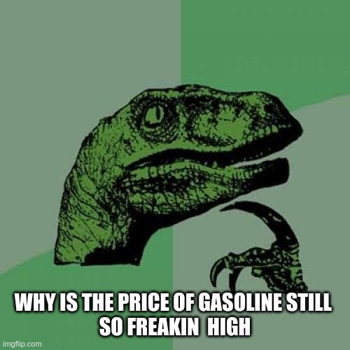 Philosoraptor | WHY IS THE PRICE OF GASOLINE STILL 
 SO FREAKIN  HIGH | image tagged in memes,philosoraptor | made w/ Imgflip meme maker