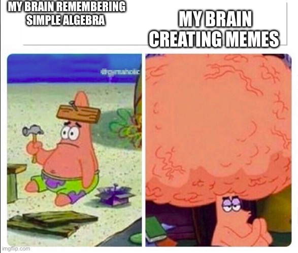 Patrick brains | MY BRAIN REMEMBERING SIMPLE ALGEBRA; MY BRAIN CREATING MEMES | image tagged in patrick brains | made w/ Imgflip meme maker