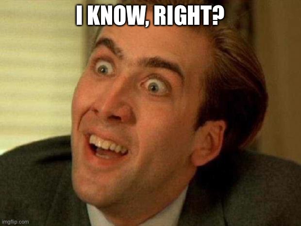 Nicolas cage | I KNOW, RIGHT? | image tagged in nicolas cage | made w/ Imgflip meme maker