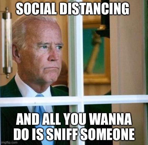 Social Joe | SOCIAL DISTANCING; AND ALL YOU WANNA DO IS SNIFF SOMEONE | image tagged in sad joe biden,sniffer,social distancing | made w/ Imgflip meme maker