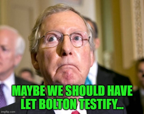 Mitch McConnell | MAYBE WE SHOULD HAVE LET BOLTON TESTIFY... | image tagged in mitch mcconnell | made w/ Imgflip meme maker