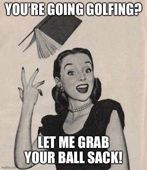 Throwing book vintage woman | YOU’RE GOING GOLFING? LET ME GRAB YOUR BALL SACK! | image tagged in throwing book vintage woman | made w/ Imgflip meme maker