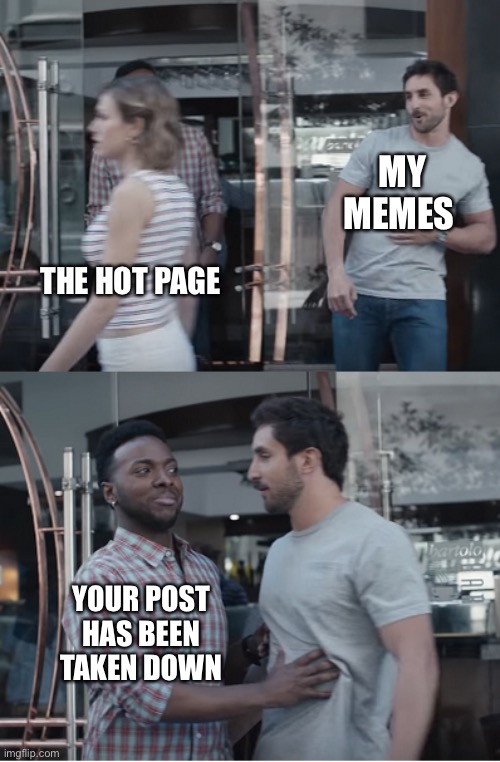 Stop right there | MY MEMES; THE HOT PAGE; YOUR POST HAS BEEN TAKEN DOWN | image tagged in stop right there | made w/ Imgflip meme maker