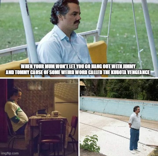 Sad Pablo Escobar | WHEN YOUR MUM WON'T LET YOU GO HANG OUT WITH JIMMY AND TOMMY CAUSE OF SOME WEIRD WORD CALLED THE KUBOTA VENGEANCE | image tagged in memes,sad pablo escobar | made w/ Imgflip meme maker