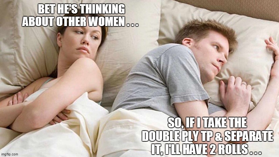 I Bet He's Thinking About Other Women Meme | BET HE'S THINKING ABOUT OTHER WOMEN . . . SO, IF I TAKE THE DOUBLE PLY TP & SEPARATE IT, I'LL HAVE 2 ROLLS . . . | image tagged in funny,funny memes,funny meme,lol so funny,too funny,coronavirus | made w/ Imgflip meme maker