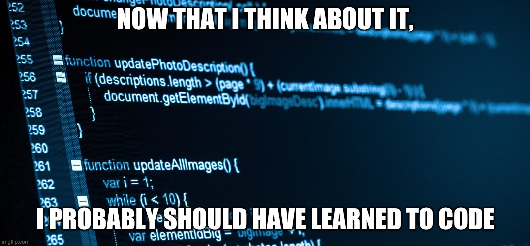 Computer Code Meme | NOW THAT I THINK ABOUT IT, I PROBABLY SHOULD HAVE LEARNED TO CODE | image tagged in computer code meme | made w/ Imgflip meme maker