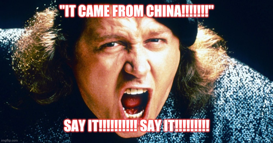 CHINA VIRUS!!!!! Say it. Lol | "IT CAME FROM CHINA!!!!!!!"; SAY IT!!!!!!!!!! SAY IT!!!!!!!!! | image tagged in sam kinnison trump say it,covid-19,coronavirus,china,wuhan | made w/ Imgflip meme maker
