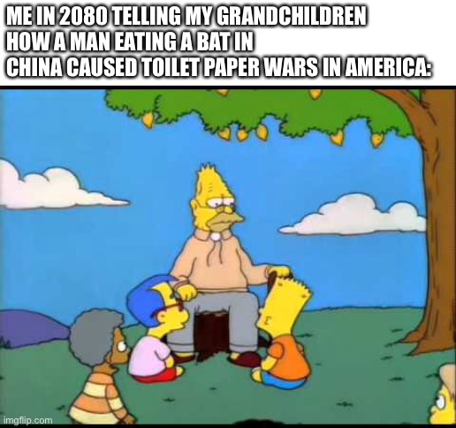 What a pandemic! | ME IN 2080 TELLING MY GRANDCHILDREN HOW A MAN EATING A BAT IN CHINA CAUSED TOILET PAPER WARS IN AMERICA: | image tagged in memes,coronavirus,2020,future,toilet paper | made w/ Imgflip meme maker