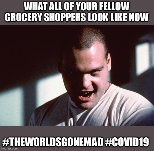 Psychotic Snowflake  | WHAT ALL OF YOUR FELLOW GROCERY SHOPPERS LOOK LIKE NOW; #THEWORLDSGONEMAD #COVID19 | image tagged in psychotic snowflake | made w/ Imgflip meme maker