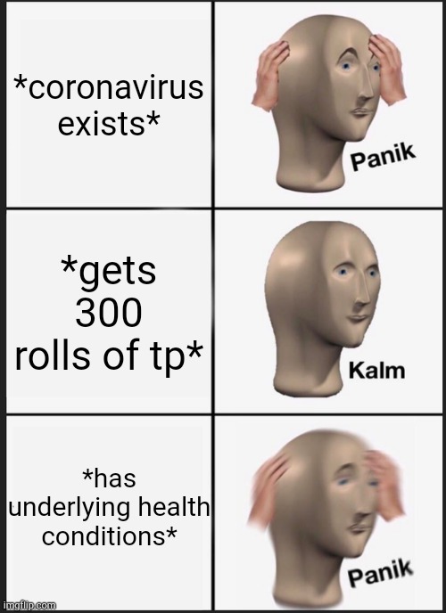 I think I need to get a extra 300- | *coronavirus exists*; *gets 300 rolls of tp*; *has underlying health conditions* | image tagged in memes,panik kalm panik,coronavirus,tp | made w/ Imgflip meme maker