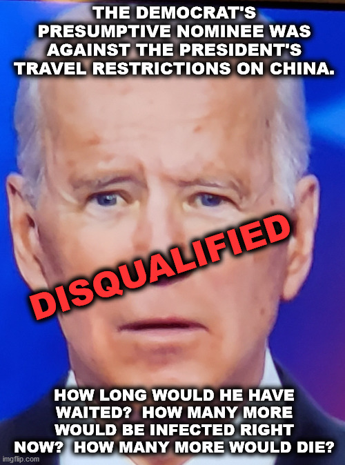 Joe Biden Eye | THE DEMOCRAT'S PRESUMPTIVE NOMINEE WAS AGAINST THE PRESIDENT'S TRAVEL RESTRICTIONS ON CHINA. DISQUALIFIED; HOW LONG WOULD HE HAVE WAITED?  HOW MANY MORE WOULD BE INFECTED RIGHT NOW?  HOW MANY MORE WOULD DIE? | image tagged in joe biden eye | made w/ Imgflip meme maker