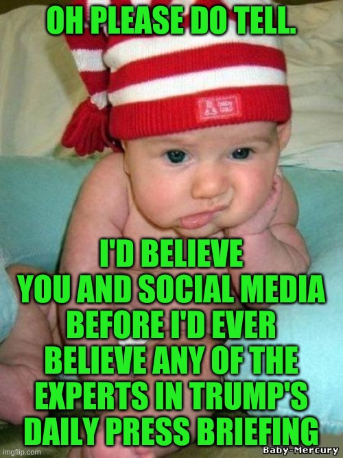 bored baby | OH PLEASE DO TELL. I'D BELIEVE YOU AND SOCIAL MEDIA BEFORE I'D EVER BELIEVE ANY OF THE EXPERTS IN TRUMP'S DAILY PRESS BRIEFING | image tagged in bored baby | made w/ Imgflip meme maker