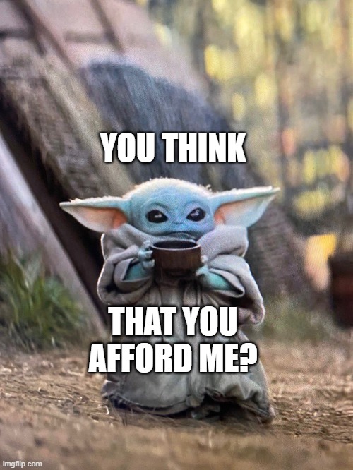 BABY YODA TEA | YOU THINK; THAT YOU AFFORD ME? | image tagged in baby yoda tea | made w/ Imgflip meme maker