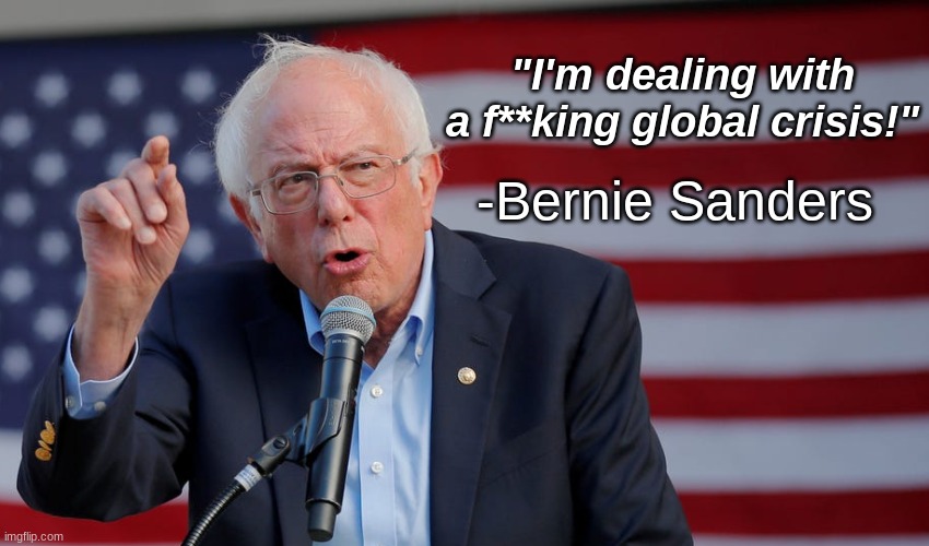Wise Words | "I'm dealing with a f**king global crisis!"; -Bernie Sanders | image tagged in politics,political meme,bernie sanders,funny | made w/ Imgflip meme maker
