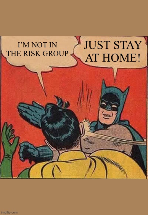 Batman Slapping Robin | I’M NOT IN THE RISK GROUP; JUST STAY AT HOME! | image tagged in memes,batman slapping robin | made w/ Imgflip meme maker