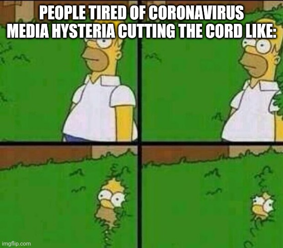 Homer Simpson in Bush - Large | PEOPLE TIRED OF CORONAVIRUS MEDIA HYSTERIA CUTTING THE CORD LIKE: | image tagged in homer simpson in bush - large | made w/ Imgflip meme maker