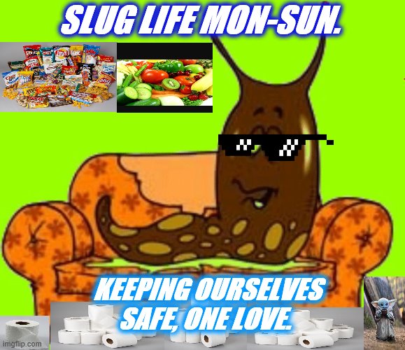 Slugband | SLUG LIFE MON-SUN. KEEPING OURSELVES SAFE, ONE LOVE. | image tagged in slugband | made w/ Imgflip meme maker