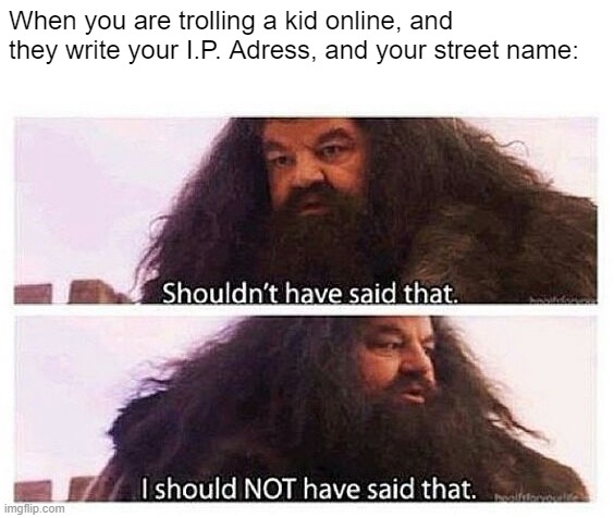 Hagrid shouldn't have said that | When you are trolling a kid online, and they write your I.P. Adress, and your street name: | image tagged in hagrid shouldn't have said that | made w/ Imgflip meme maker