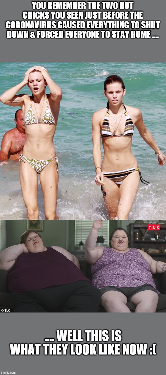 YOU REMEMBER THE TWO HOT CHICKS YOU SEEN JUST BEFORE THE CORONAVIRUS CAUSED EVERYTHING TO SHUT DOWN & FORCED EVERYONE TO STAY HOME .... .... WELL THIS IS WHAT THEY LOOK LIKE NOW :( | image tagged in hot babes,oblivious hot girl,high expectations asian father,fat ass | made w/ Imgflip meme maker