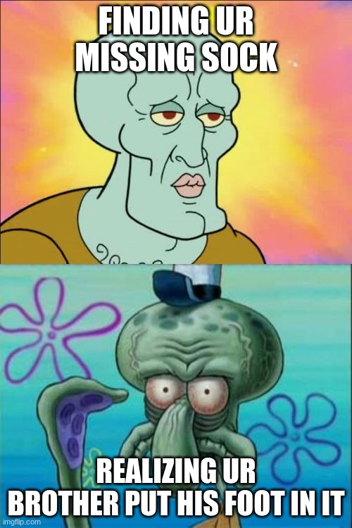 Squidward | FINDING UR MISSING SOCK; REALIZING UR BROTHER PUT HIS FOOT IN IT | image tagged in memes,squidward | made w/ Imgflip meme maker