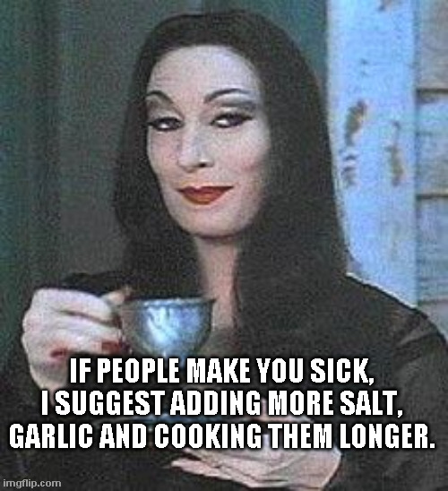 People Make You Sick | IF PEOPLE MAKE YOU SICK, I SUGGEST ADDING MORE SALT, GARLIC AND COOKING THEM LONGER. | image tagged in morticia addams,dumb ass people | made w/ Imgflip meme maker