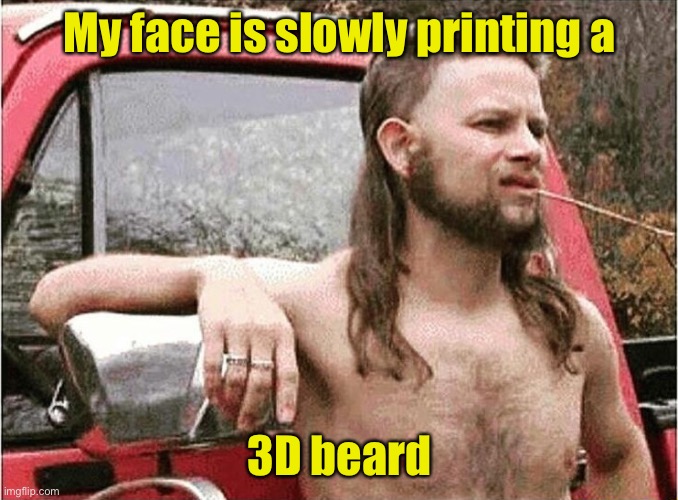High Tech Redneck | My face is slowly printing a; 3D beard | image tagged in worldly redneck,3d printing | made w/ Imgflip meme maker