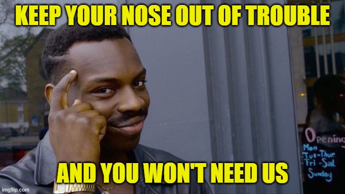 Roll Safe Think About It Meme | KEEP YOUR NOSE OUT OF TROUBLE; AND YOU WON'T NEED US | image tagged in memes,roll safe think about it | made w/ Imgflip meme maker