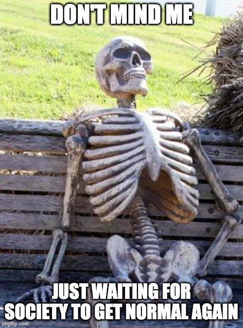 Waiting Skeleton Meme | DON'T MIND ME; JUST WAITING FOR SOCIETY TO GET NORMAL AGAIN | image tagged in memes,waiting skeleton | made w/ Imgflip meme maker