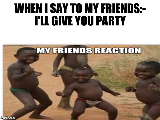 WHEN I SAY TO MY FRIENDS:-
I'LL GIVE YOU PARTY | image tagged in memes,fun | made w/ Imgflip meme maker