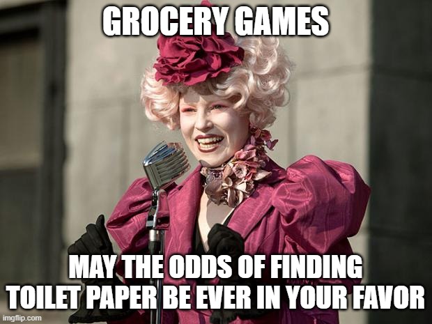 hunger games | GROCERY GAMES; MAY THE ODDS OF FINDING TOILET PAPER BE EVER IN YOUR FAVOR | image tagged in hunger games | made w/ Imgflip meme maker