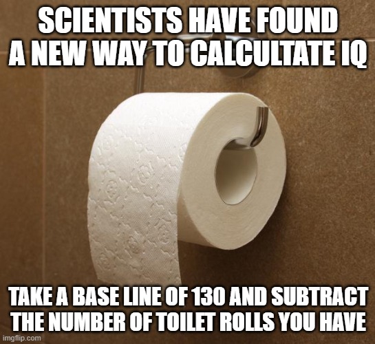 TOILET ROLL IQ | SCIENTISTS HAVE FOUND A NEW WAY TO CALCULTATE IQ; TAKE A BASE LINE OF 130 AND SUBTRACT THE NUMBER OF TOILET ROLLS YOU HAVE | image tagged in toilet paper | made w/ Imgflip meme maker