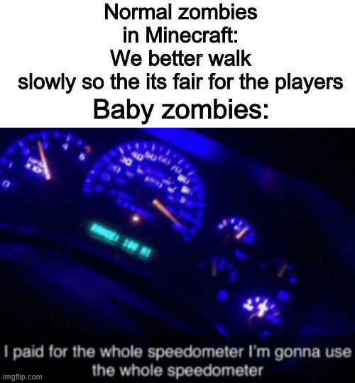 I Paid for the Whole Speedometer | Normal zombies in Minecraft: We better walk slowly so the its fair for the players; Baby zombies: | image tagged in i paid for the whole speedometer | made w/ Imgflip meme maker