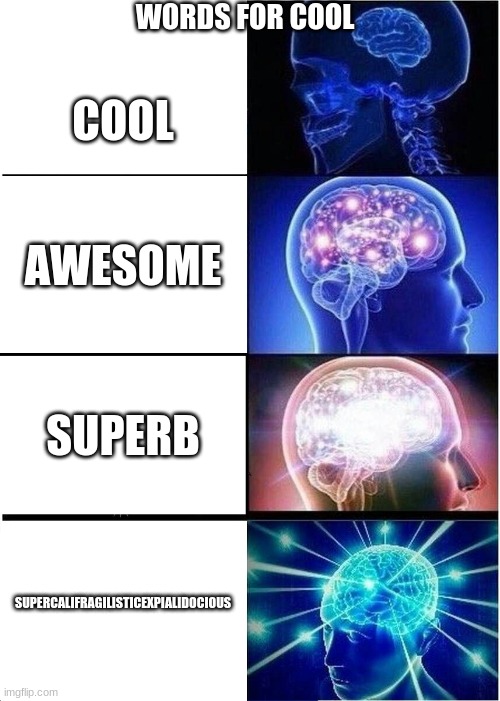 Expanding Brain | WORDS FOR COOL; COOL; AWESOME; SUPERB; SUPERCALIFRAGILISTICEXPIALIDOCIOUS | image tagged in memes,expanding brain | made w/ Imgflip meme maker