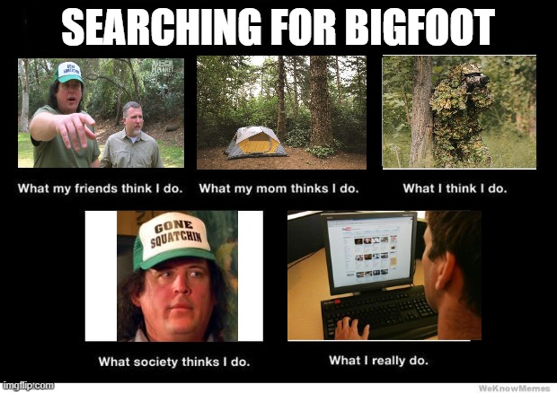 What I really do | SEARCHING FOR BIGFOOT | image tagged in what i really do | made w/ Imgflip meme maker