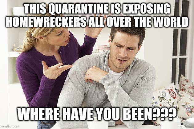 Pissed-Off Patty | THIS QUARANTINE IS EXPOSING HOMEWRECKERS ALL OVER THE WORLD; WHERE HAVE YOU BEEN??? | image tagged in pissed-off patty | made w/ Imgflip meme maker