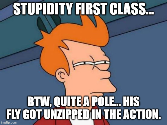 Futurama Fry Meme | STUPIDITY FIRST CLASS... BTW, QUITE A POLE... HIS FLY GOT UNZIPPED IN THE ACTION. | image tagged in memes,futurama fry | made w/ Imgflip meme maker