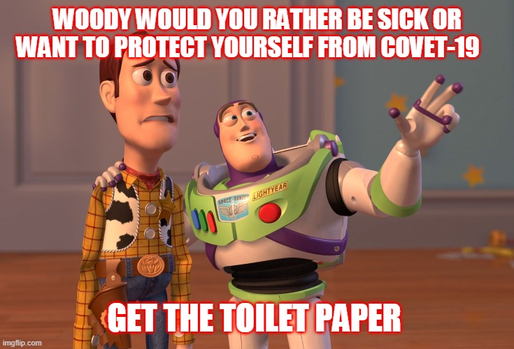 c-19 | WOODY WOULD YOU RATHER BE SICK OR WANT TO PROTECT YOURSELF FROM COVET-19; GET THE TOILET PAPER | image tagged in but thats none of my business | made w/ Imgflip meme maker