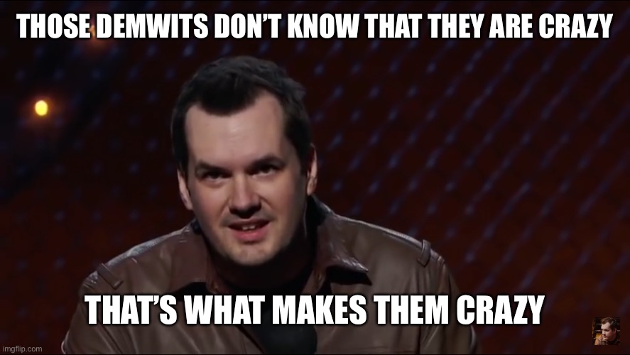 Jim Jefferies 1 | THOSE DEMWITS DON’T KNOW THAT THEY ARE CRAZY THAT’S WHAT MAKES THEM CRAZY | image tagged in jim jefferies 1 | made w/ Imgflip meme maker