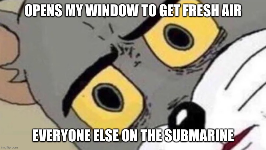 Tom Cat confused | OPENS MY WINDOW TO GET FRESH AIR; EVERYONE ELSE ON THE SUBMARINE | image tagged in tom cat confused | made w/ Imgflip meme maker