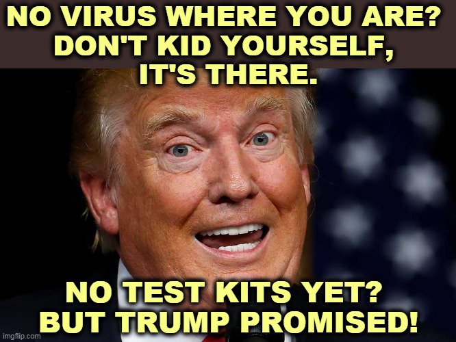Trump fought testing to keep the numbers down. Areas with high numbers are testing. Areas with low numbers aren't. | NO VIRUS WHERE YOU ARE? 
DON'T KID YOURSELF, 
IT'S THERE. NO TEST KITS YET? 
BUT TRUMP PROMISED! | image tagged in trump,coronavirus,covid-19,promises,pandemic | made w/ Imgflip meme maker