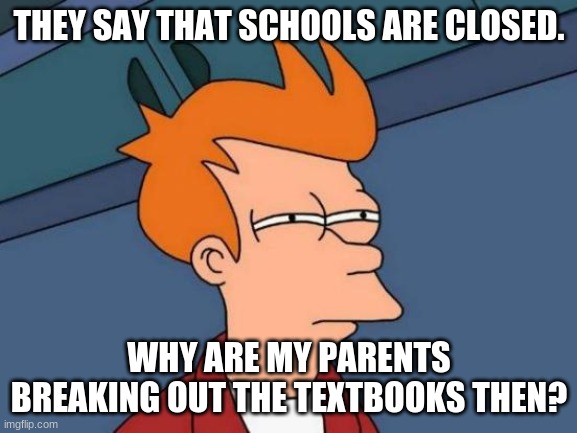 Futurama Fry Meme | THEY SAY THAT SCHOOLS ARE CLOSED. WHY ARE MY PARENTS BREAKING OUT THE TEXTBOOKS THEN? | image tagged in memes,futurama fry | made w/ Imgflip meme maker