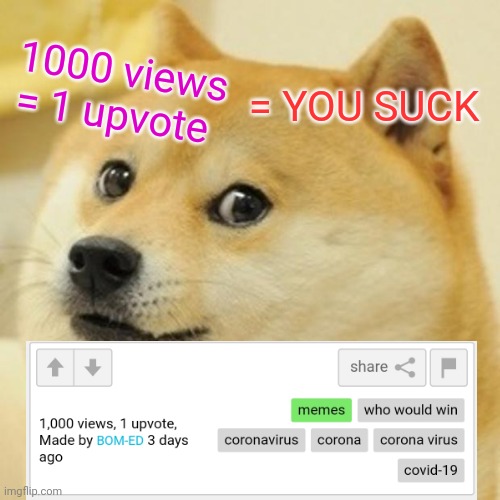 Doge | = YOU SUCK; 1000 views = 1 upvote | image tagged in memes,doge | made w/ Imgflip meme maker