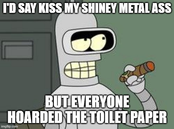 Bender Futurama cigar | I'D SAY KISS MY SHINEY METAL ASS; BUT EVERYONE HOARDED THE TOILET PAPER | image tagged in bender futurama cigar | made w/ Imgflip meme maker