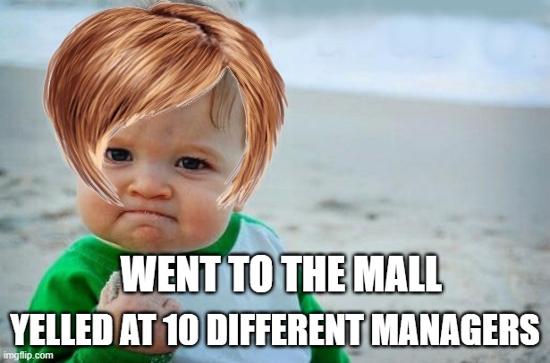 Yes Baby | WENT TO THE MALL; YELLED AT 10 DIFFERENT MANAGERS | image tagged in yes baby | made w/ Imgflip meme maker
